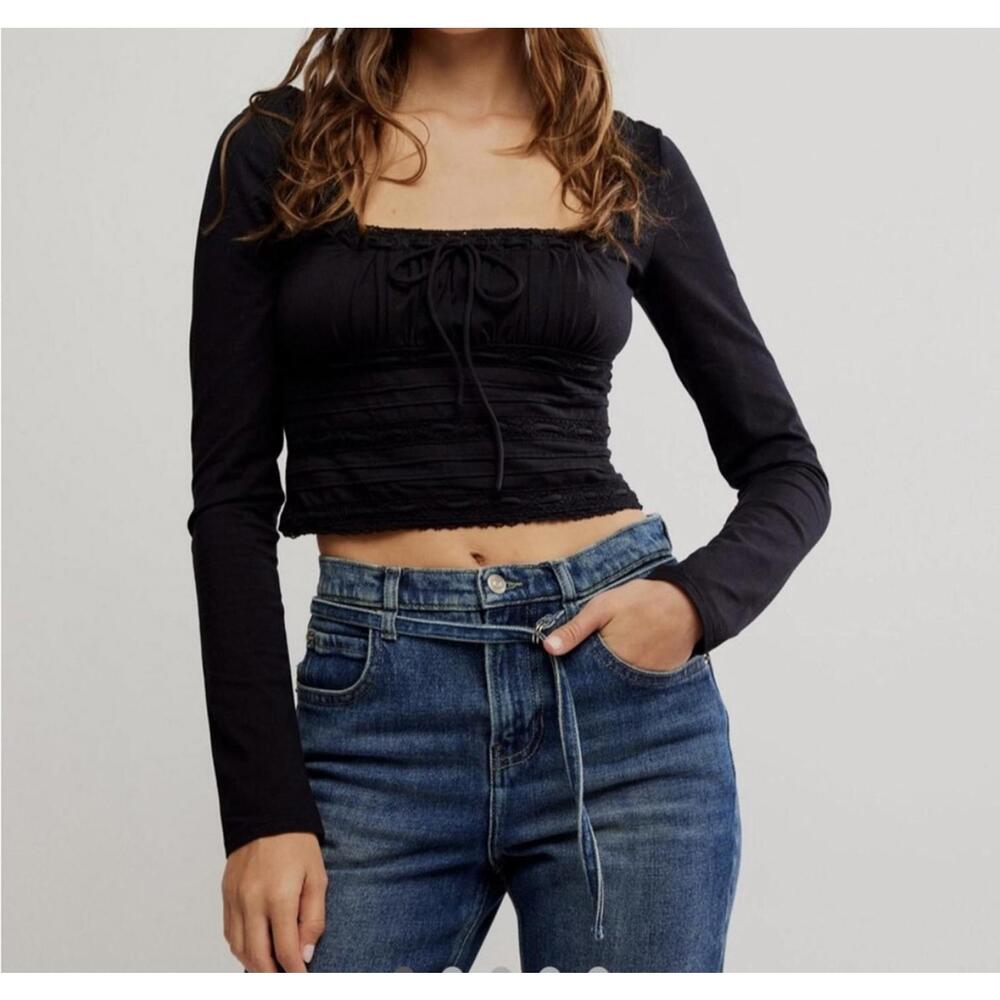 Free People Crop Top Women Size S Black Smocked Lace Trim Long Sleeve